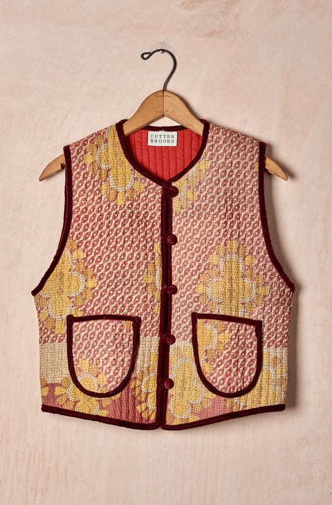 Quilted Kantha Vest with Velvet Trim (Small)