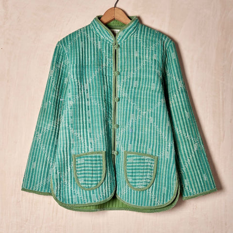 Quilted Kantha Jacket with Velvet Trim (Small)