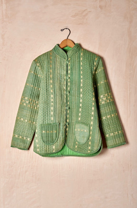 Quilted Kantha Jacket with Velvet Trim (Small)