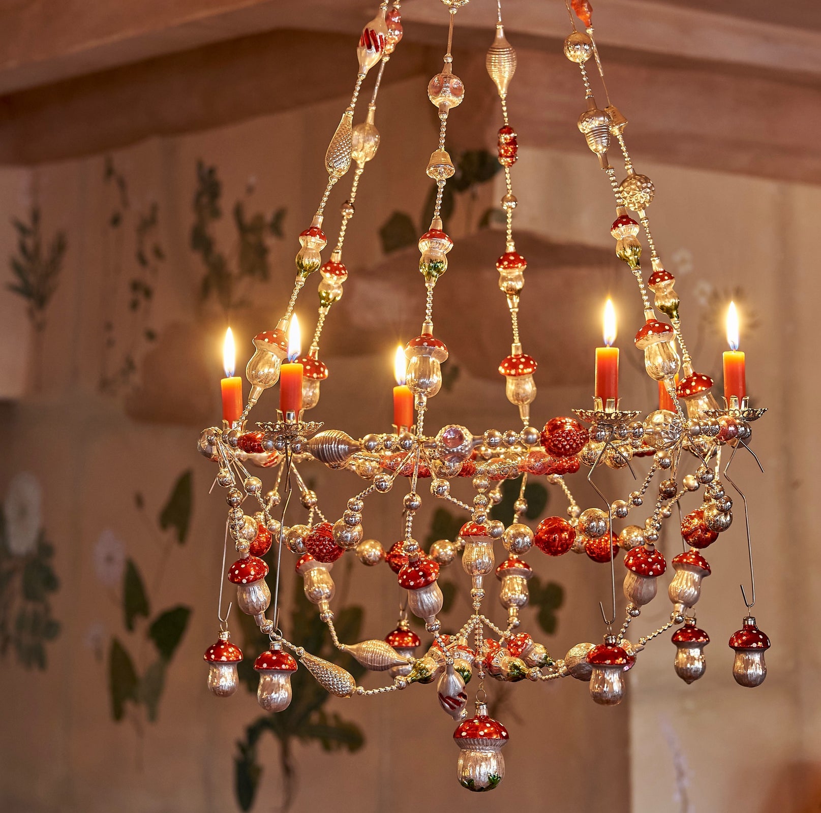 Mushroom Chandelier Made from Glass Ornaments with Candle Holders