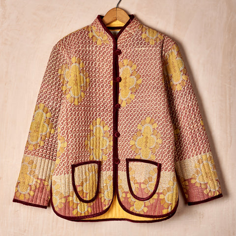 Quilted Kantha Jacket with Velvet Trim (small)