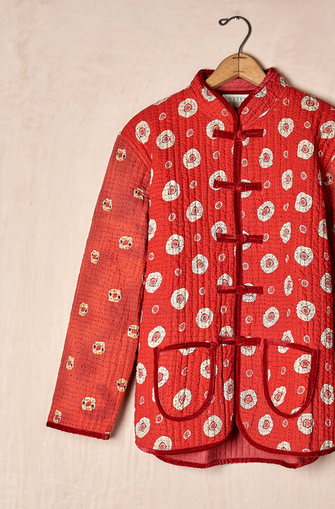 Quilted Kantha Jacket with Velvet Trim