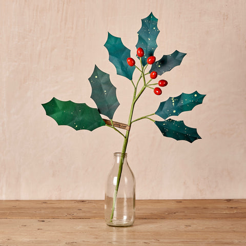 Splattered Green and Red Holly Paper Flower Stem