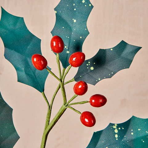 Splattered Green and Red Holly Paper Flower Stem