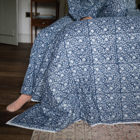 Hand-stitched Indigo Floral Quilt