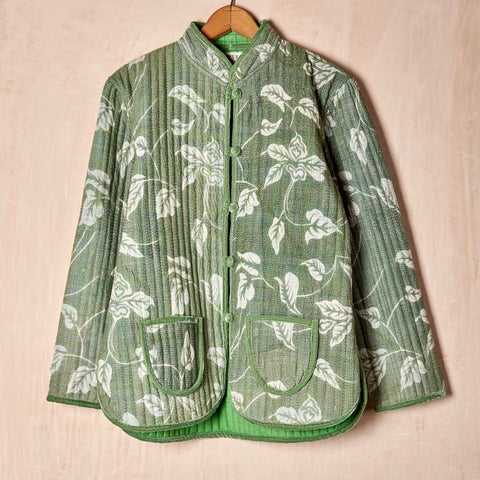 Quilted Kantha Jacket with Velvet Trim (Medium)