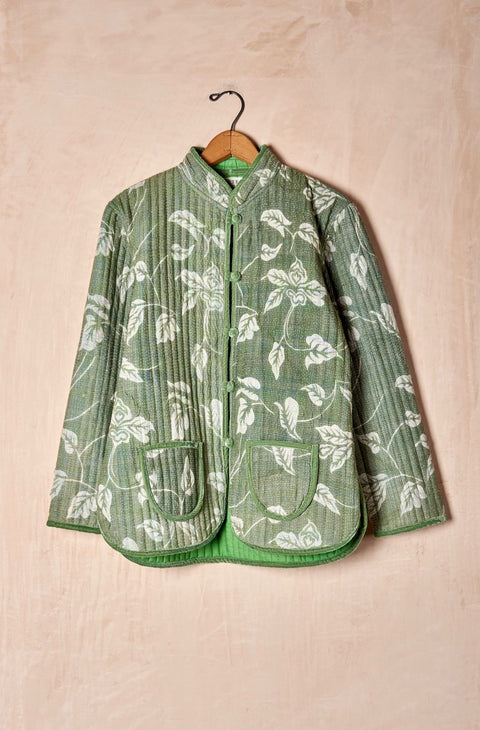 Quilted Kantha Jacket with Velvet Trim (Medium)