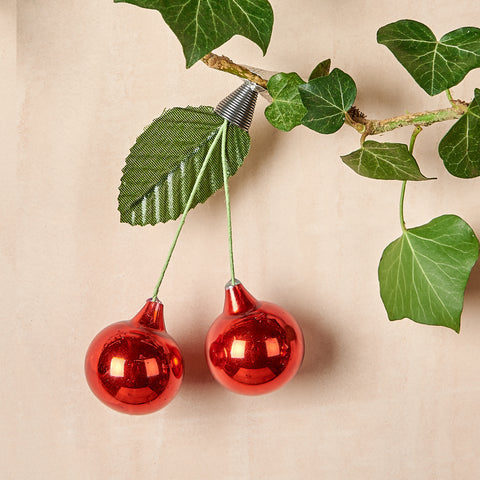 Hand Painted Cherries With Leaf Ornament, Set of 2
