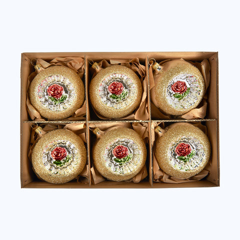 Red Glitter Rose Ornaments, Set of Six