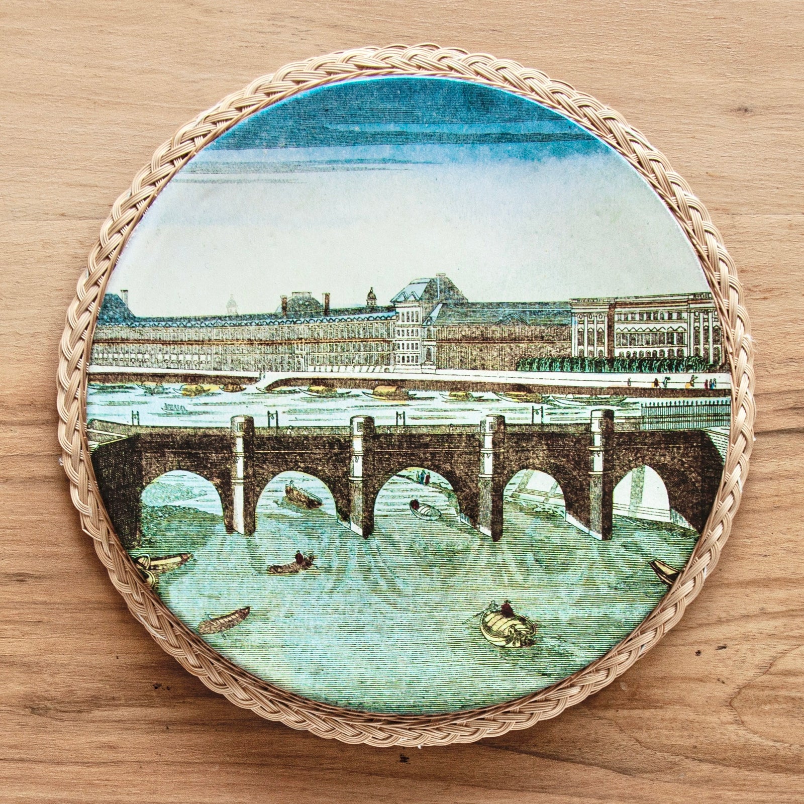 Vauxhall Gardens Dinner Plates with Bridge on Rattan Placemat