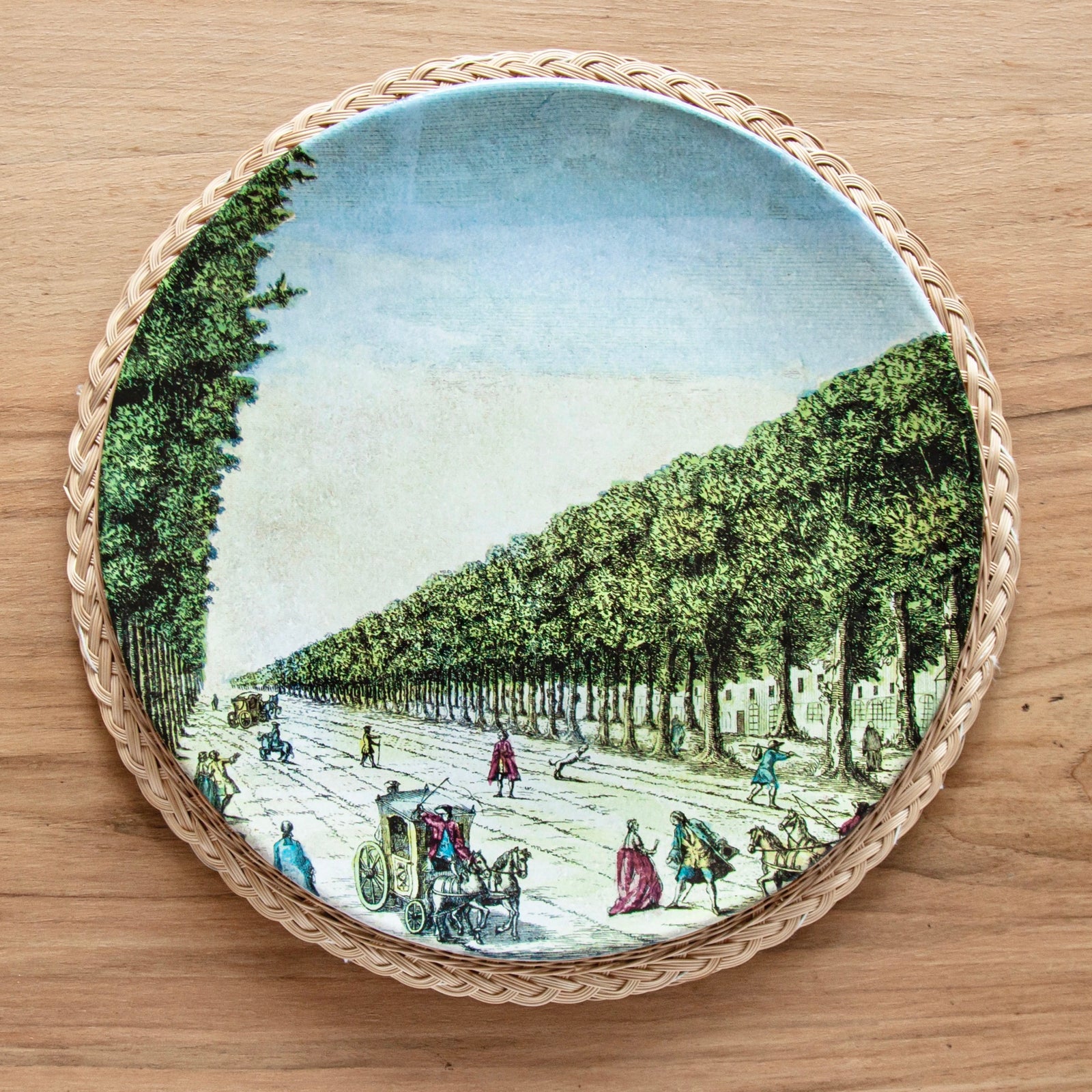 Vauxhall Gardens Dinner Plate with trees on Rattan Placemat