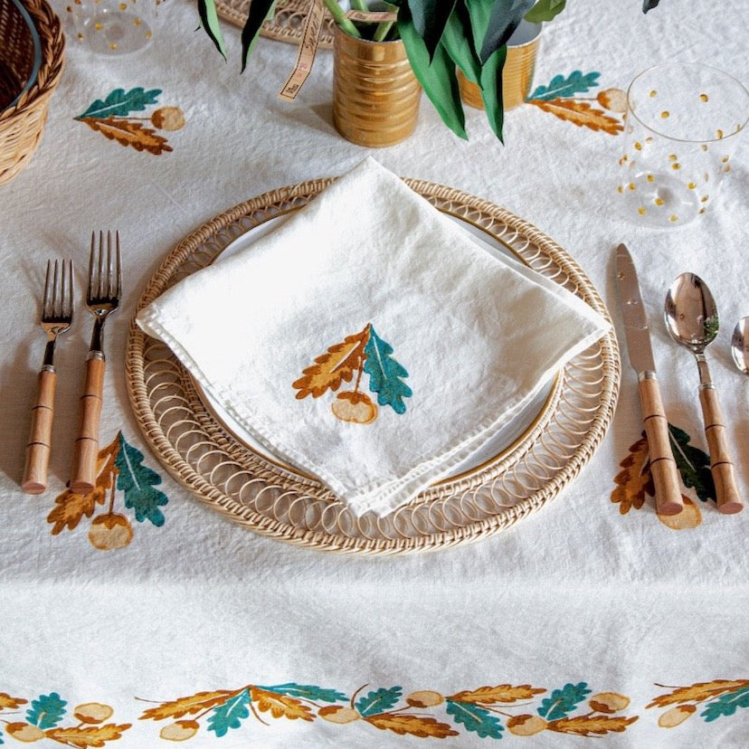 Oak Leaf and Acorn Linen Tablecloth Table setting with Napkin